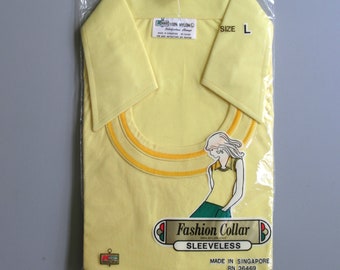 Groovy Vintage 70s Big Collar Sleeveless Yellow Blouse Nylon Retro Disco Top Shirt Womens NOS