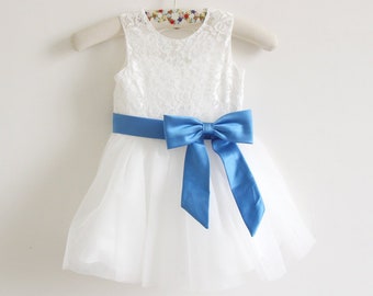 Light Ivory Flower Girl Dress, Lace Flower Girl Dress, Baby Girl Dress, Tulle Flower Girl Dress, Ivory Flower Girl Dress, Blue Ribbon/Bows