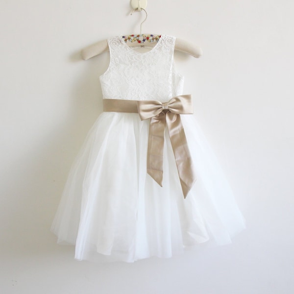 Light Ivory Flower Girl Dress, Champagne Flower Girl Dress, Lace Flower Girl Dress, Champagne Ribbon/Bows, Baby Girl Dress, Baby Party Dress