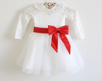 Long Sleeves Light Ivory Flower Girl Dress Red Sash Bows Lace Tulle Flower Girl Dress With Red Sash/Bows