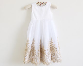 White Flower Girl Dress, Gold Embroidery Flower Girl Dress, Baby Girl Dress, Gold Wedding Dress, Tulle Flower Girl Dress, Floor Length