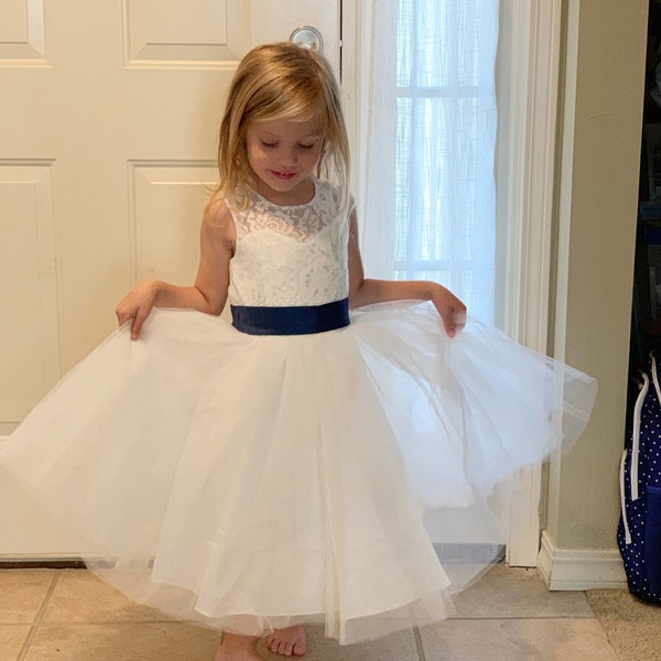 Light Ivory Flower Girl Dress, Navy Flower Girl Dress, Baby Girl Dress, Lace Flower Girl Dress, Tulle Flower Girl Dress, Navy Blue Sash/Bows