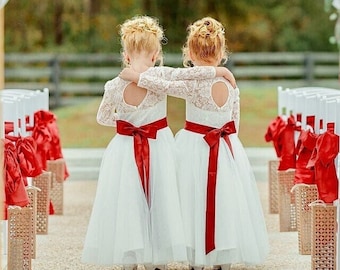 Light Ivory Flower Girl Dress, Long Sleeve Lace Tulle, Burgundy Sash