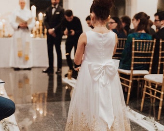 Light Ivory Flower Girl Dress, Gold Flower Girl Dress, Tulle Flower Girl Dress, Toddler Flower Girl Dress, Baby Birthday Dress,Wedding Dress