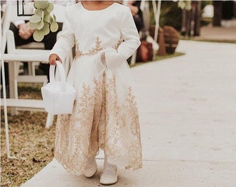 Light Ivory Flower Girl Dress, Long Sleeve Flower Girl Dress, Gold Embroidery Wedding Dress, Baby Girl Dress, Flower Girl Dress Long Sleeve
