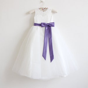Light Ivory Flower Girl Dress Purple Baby Girls Dress Lace Tulle Flower Girl Dress With Purple Sash/Bows Floor-length