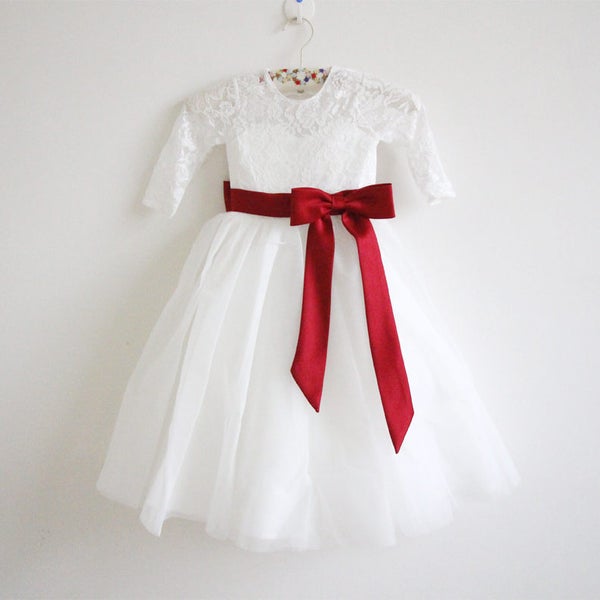 Long Sleeves Light Ivory Flower Girl Dress Wine Sash Bows Lace Tulle Flower Girl Dress With Burgundy Sash/Bows