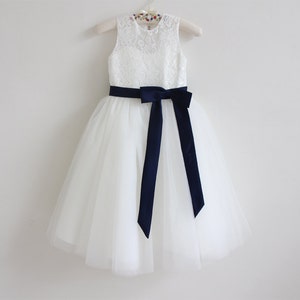 Light Ivory Flower Girl Dress, Navy Flower Girl Dress, Baby Girl Dress, Lace Flower Girl Dress, Navy Blue Sash/Bows, Sleeveless Baby Dress