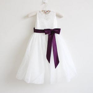 Light Ivory Flower Girl Dress, Eggplant Flower Girl Dress, Baby Girl Dress, Lace Flower Girl Dress, Eggplant Sash/Bows, Tulle Wedding Dress