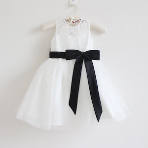 Ivory Flower Girl Dress, Lace Flower Girl Dress, Tulle Flower Girl Dress, Baby Girl Dress, Black Sash/Bows, Sleeveless Flower Girl Dress image 1