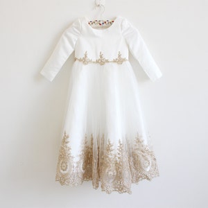 Light Ivory Flower Girl Dress, Long Sleeve Flower Girl Dress, Gold Embroidery Wedding Dress, Baby Girl Dress, Flower Girl Dress Long Sleeve image 1