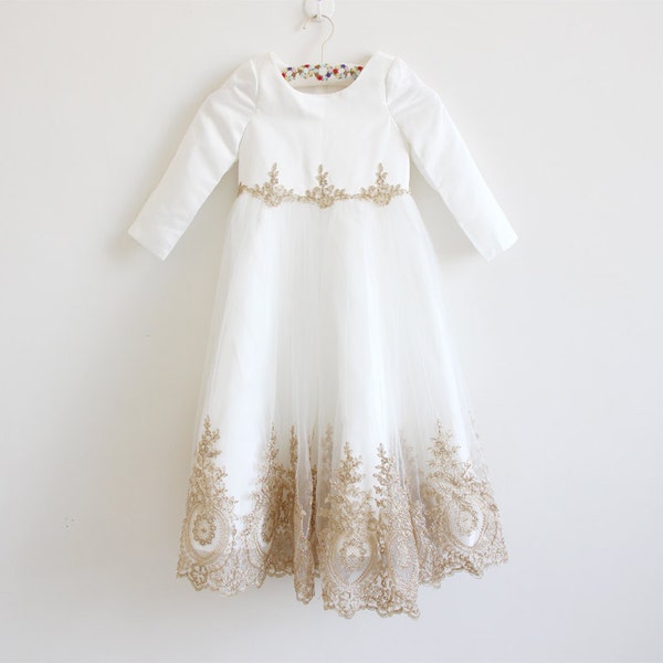 Light Ivory Flower Girl Dress, Long Sleeve Flower Girl Dress, Gold Embroidery Wedding Dress, Baby Girl Dress, Flower Girl Dress Long Sleeve