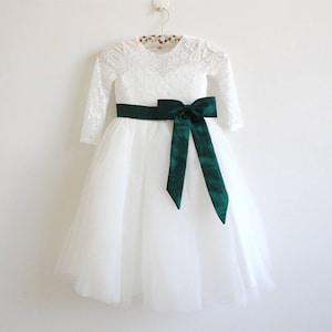 Ivory Flower Girl Dress, Forest Green Flower Girl Dress, Long Sleeve Flower Girl Dress,  Lace Flower Girl Dress, Tulle Flower Girl Dress