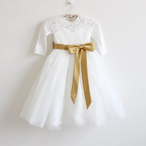Long Sleeves Flower Girl Dress, Light Ivory Flower Girl Dress, Lace Flower Girl Dress, Gold Flower Girl Dress, Gold Sash/Bows, Floor Length