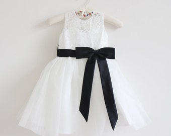 Ivory Flower Girl Dress, Lace Flower Girl Dress, Tulle Flower Girl Dress, Baby Girl Dress, Black Sash/Bows, Sleeveless Flower Girl Dress