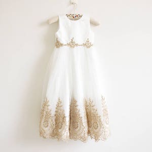 Light Ivory Flower Girl Dress, Gold Flower Girl Dress, Baby Girl Dress, Tulle Flower Girl Dress, Embroidery Flower Girl Dress, Wedding Dress