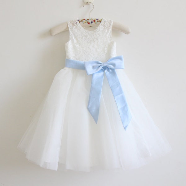 Light Ivory Flower Girl Dress, Lace Flower Girl Dress, Sky Blue Flower Girl Dress, Baby Girl Dress, Tulle Flower Girl Dress, Sky Blue Ribbon