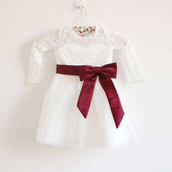 Light Ivory Flower Girl Dress, Long Sleeve Flower Girl Dress, Burgundy Flower Girl Dress, Lace Tulle Flower Girl Dress, Burgundy Ribbon/Bows