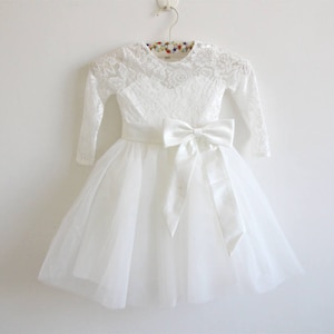 Long Sleeve Flower Girl Dress, Light Ivory Flower Girl Dress,  Lace Flower Girl Dress, Tulle Flower Girl Dress, Baby Flower Girl Dress