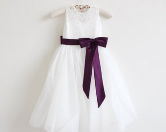 Light Ivory Flower Girl Dress, Eggplant Flower Girl Dress, Baby Girl Dress, Lace Flower Girl Dress, Eggplant Sash/Bows, Tulle Wedding Dress