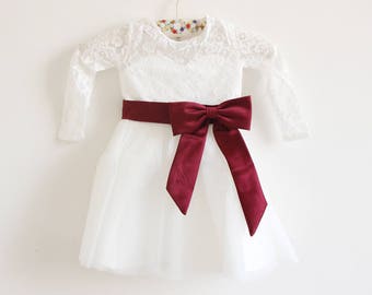 Light Ivory Lace Flower Girl Dress, Long Sleeve Tulle, Burgundy Bow