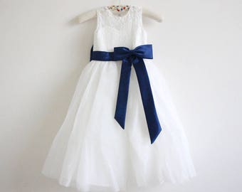 Lace Flower Girl Dress, Navy Flower Girl Dress, Light Ivory Flower Girl Dress, Baby Girl Dress, Tulle Flower Girl Dress, Navy Sash/Bows