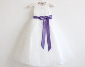 Light Ivory Flower Girl Dress Purple Baby Girls Dress Lace Tulle Flower Girl Dress With Purple Sash/Bows Floor-length