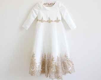 Light Ivory Flower Girl Dress, Long Sleeve Flower Girl Dress, Gold Embroidery Wedding Dress, Baby Girl Dress, Flower Girl Dress Long Sleeve