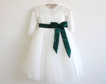 Light Ivory Flower Girl Dress, Forest Green Ribbon Dress, Long Sleeve Flower Girl Dress,  Lace Flower Girl Dress, Tulle Flower Girl Dress