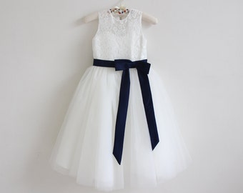 Light Ivory Flower Girl Dress, Navy Flower Girl Dress, Baby Girl Dress, Lace Flower Girl Dress, Navy Blue Sash/Bows, Sleeveless Baby Dress