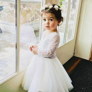 Long Sleeve Flower Girl Dress, Ivory Flower Girl Dress, Lace Flower Girl Dress, Tulle Flower Girl Dress, Toddler Flower Girl Dress