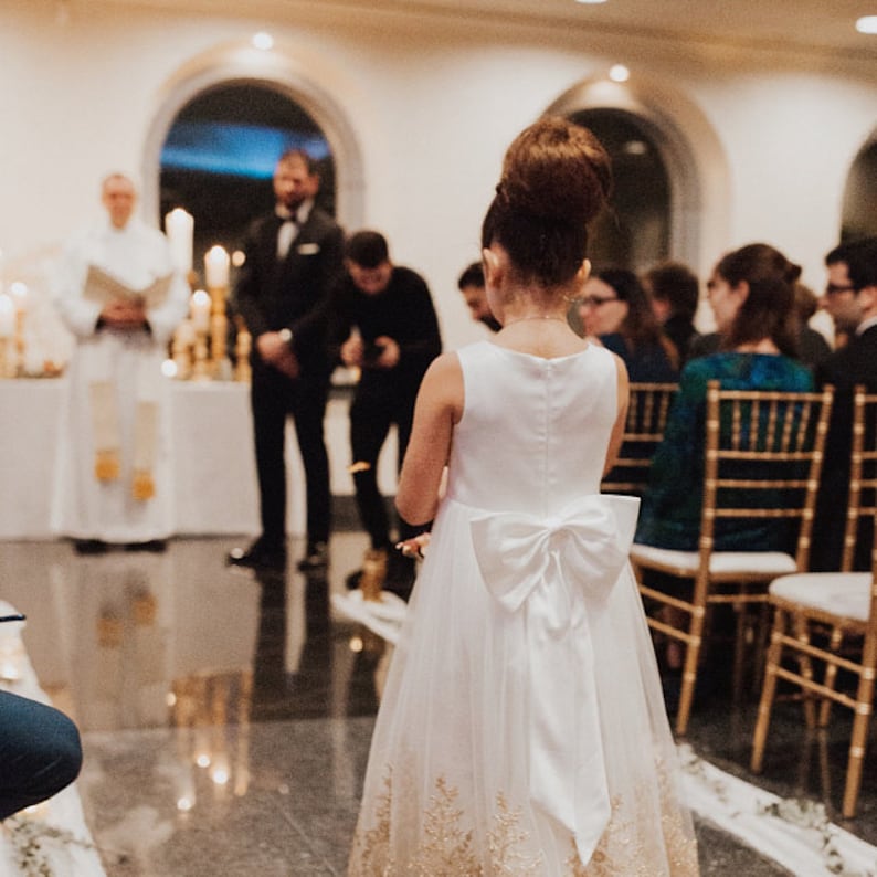 Light Ivory Flower Girl Dress, Gold Embroidery Flower Girl Dress, Tulle Flower Girl Dress, Girls Dress, Flower Girl Dress, Wedding Dress image 3