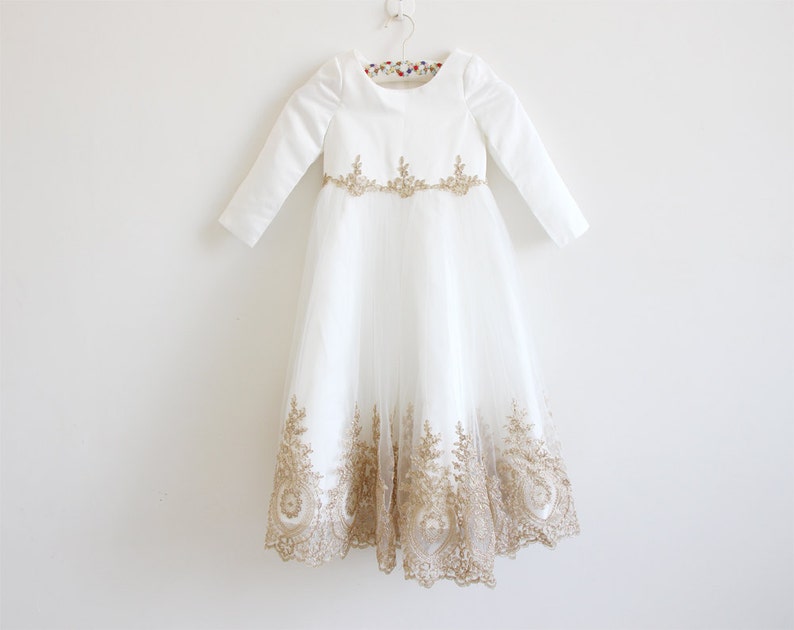 Light Ivory Flower Girl Dress, Long Sleeve Flower Girl Dress, Gold Embroidery Wedding Dress, Baby Girl Dress, Flower Girl Dress Long Sleeve image 1