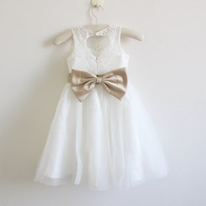 May include: White tulle dress with a lace bodice and a gold satin bow.