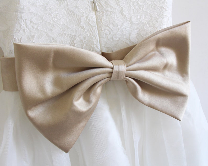 May include: A white tulle dress with a lace bodice and a large, gold satin bow at the waist.
