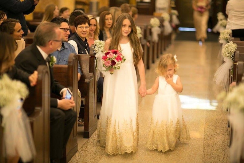 Light Ivory Flower Girl Dress, Gold Embroidery Flower Girl Dress, Tulle Flower Girl Dress, Girls Dress, Flower Girl Dress, Wedding Dress image 2