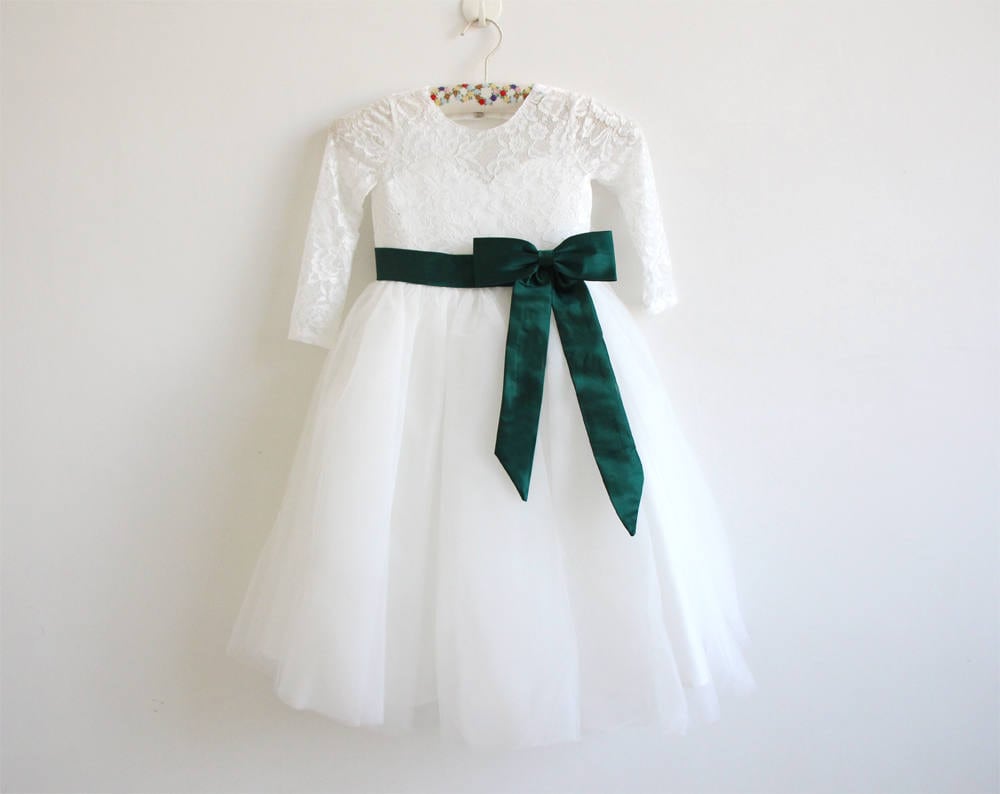 Light Ivory Flower Girl Dress Forest Green Ribbon Dress Long Etsy