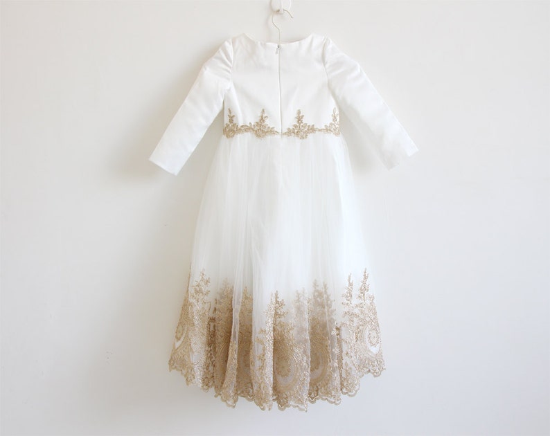 Light Ivory Flower Girl Dress, Long Sleeve Flower Girl Dress, Gold Embroidery Wedding Dress, Baby Girl Dress, Flower Girl Dress Long Sleeve image 3