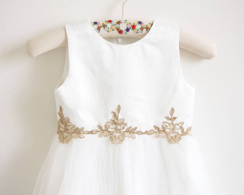 Light Ivory Flower Girl Dress, Gold Flower Girl Dress, Baby Girl Dress, Tulle Flower Girl Dress, Embroidery Flower Girl Dress, Wedding Dress image 3