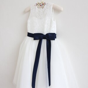 Light Ivory Flower Girl Dress, Navy Flower Girl Dress, Baby Girl Dress, Lace Flower Girl Dress, Navy Blue Sash/Bows, Sleeveless Baby Dress image 2