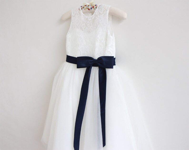 Light Ivory Flower Girl Dress, Navy Flower Girl Dress, Baby Girl Dress, Lace Flower Girl Dress, Navy Blue Sash/Bows, Sleeveless Baby Dress image 2