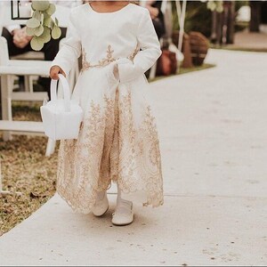 Light Ivory Flower Girl Dress, Long Sleeve Flower Girl Dress, Gold Embroidery Wedding Dress, Baby Girl Dress, Flower Girl Dress Long Sleeve image 2