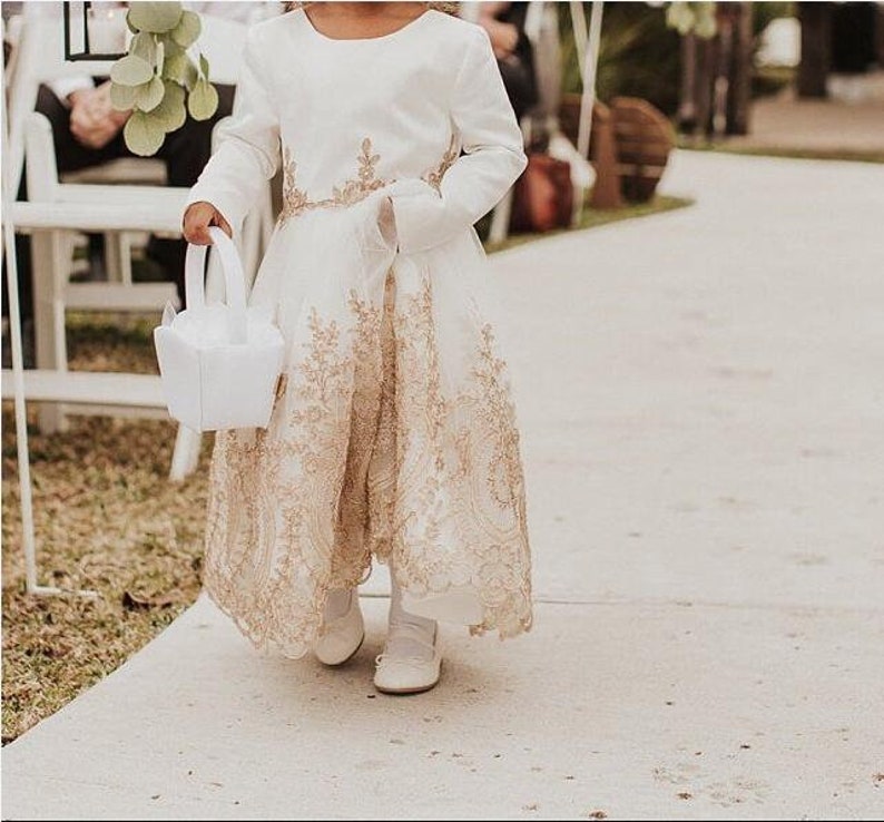 Light Ivory Flower Girl Dress, Long Sleeve Flower Girl Dress, Gold Embroidery Wedding Dress, Baby Girl Dress, Flower Girl Dress Long Sleeve image 2