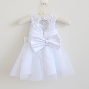 White Flower Girl Dress Baby Girls Dress Lace Tulle White Flower Girl Dress With Bows Sleeveless Knee-length image 4