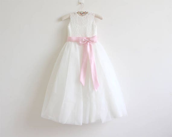 Light Ivory Flower Girl Dress, Lace Flower Girl Dress, Tulle - Main Image