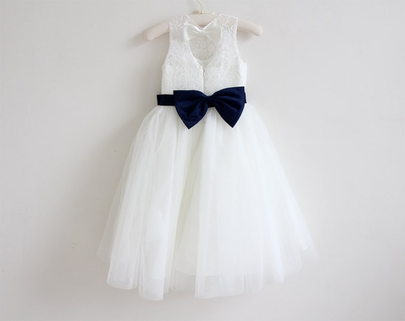 Light Ivory Flower Girl Dress, Navy Flower Girl Dress, Baby Girl Dress, Lace Flower Girl Dress, Navy Blue Sash/Bows, Sleeveless Baby Dress image 4