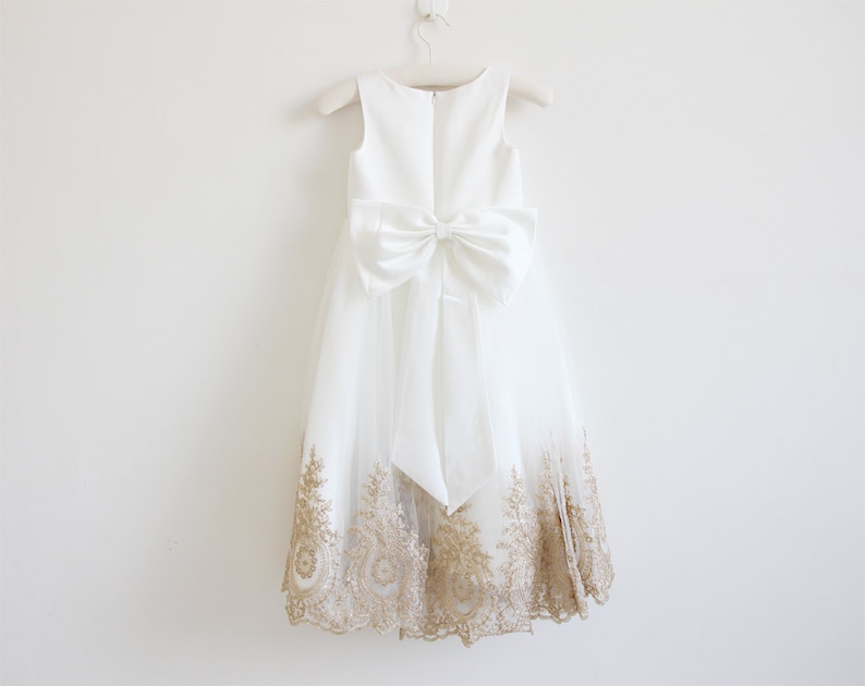 Light Ivory Flower Girl Dress, Gold Embroidery Flower Girl Dress, Tulle Flower Girl Dress, Girls Dress, Flower Girl Dress, Wedding Dress image 8