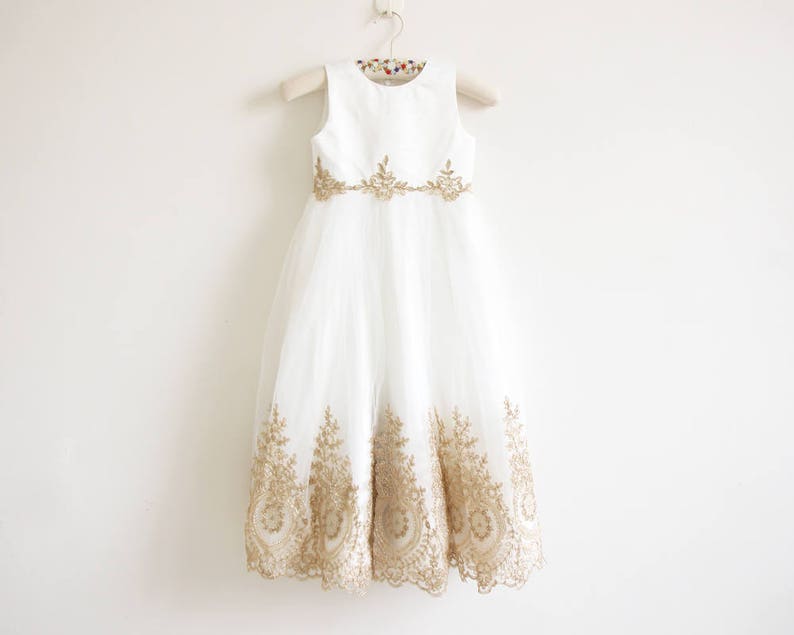 Light Ivory Flower Girl Dress, Gold Flower Girl Dress, Baby Girl Dress, Tulle Flower Girl Dress, Embroidery Flower Girl Dress, Wedding Dress image 1