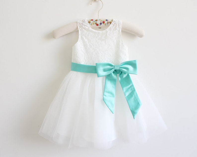 mint green and white flower girl dresses