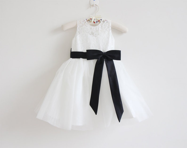 Ivory Flower Girl Dress, Lace Flower Girl Dress, Tulle Flower Girl Dress, Baby Girl Dress, Black Sash/Bows, Sleeveless Flower Girl Dress image 1